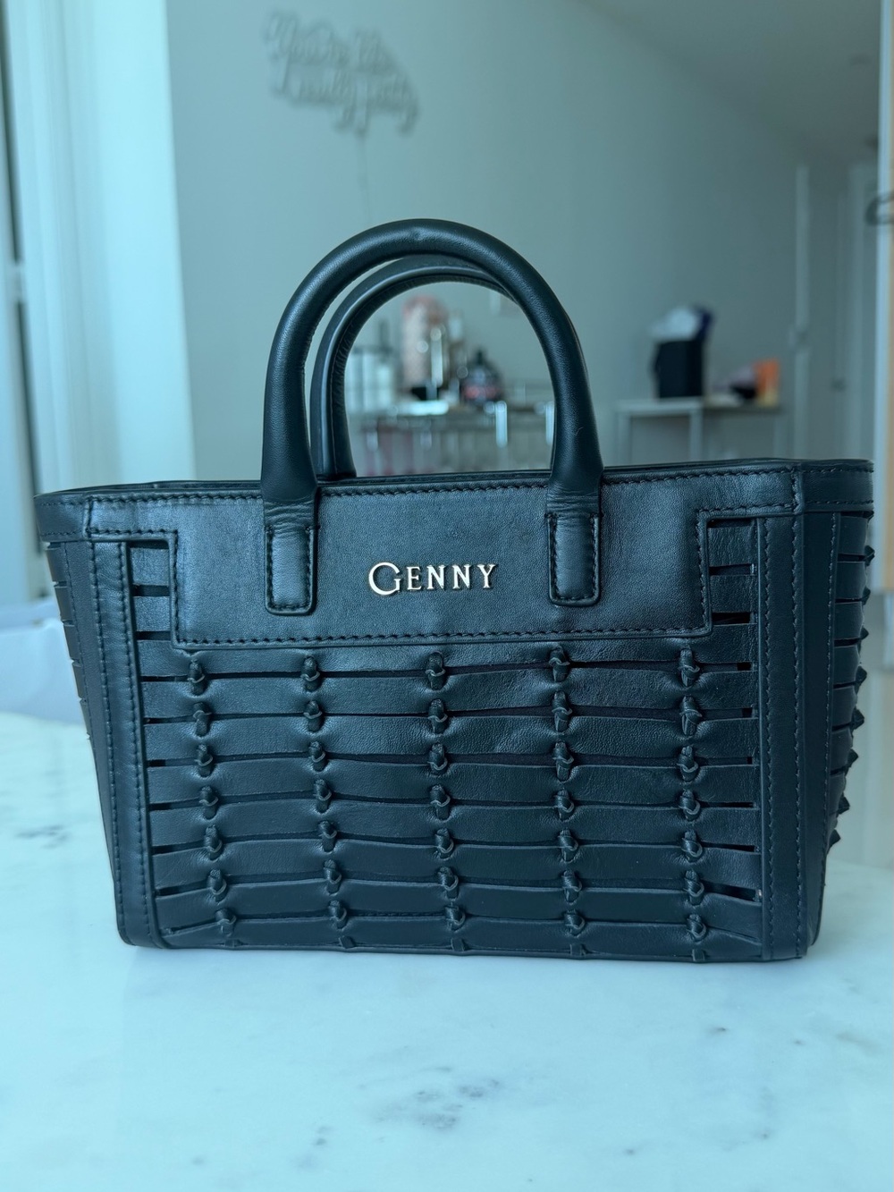 GENNY Mini Tote Bag Black Leather Woven Top Handle Crossbody Made in Italy